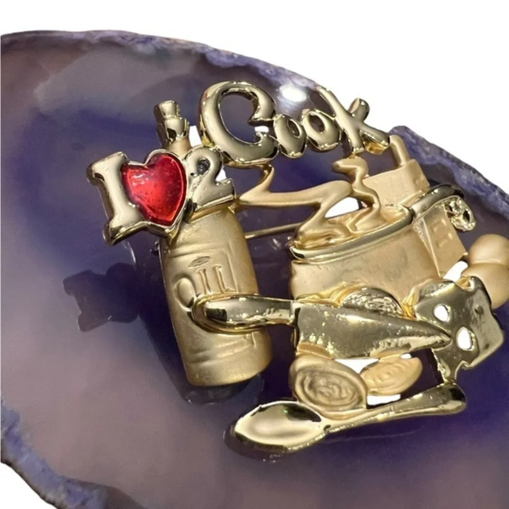 Vintage Danecraft Brooch Pin I Love 2  Cook Gold‎ Tone Chef Gift